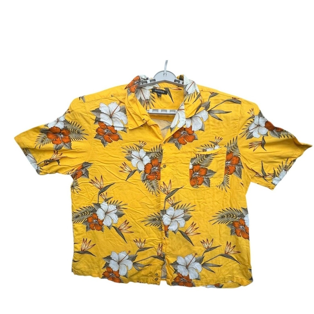George Button Down Shirt Mens 3XL Yellow Black Tropical Rayon Floral Lot of 2
